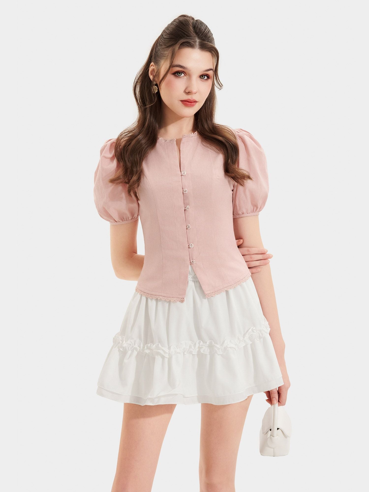  Áo decoup tay phồng cổ tròn viền ren 