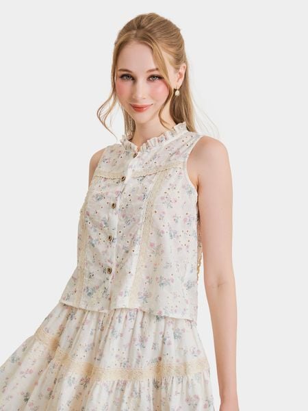  Áo tơ thêu sát nách cổ tròn phối ren đính nút gỗ 