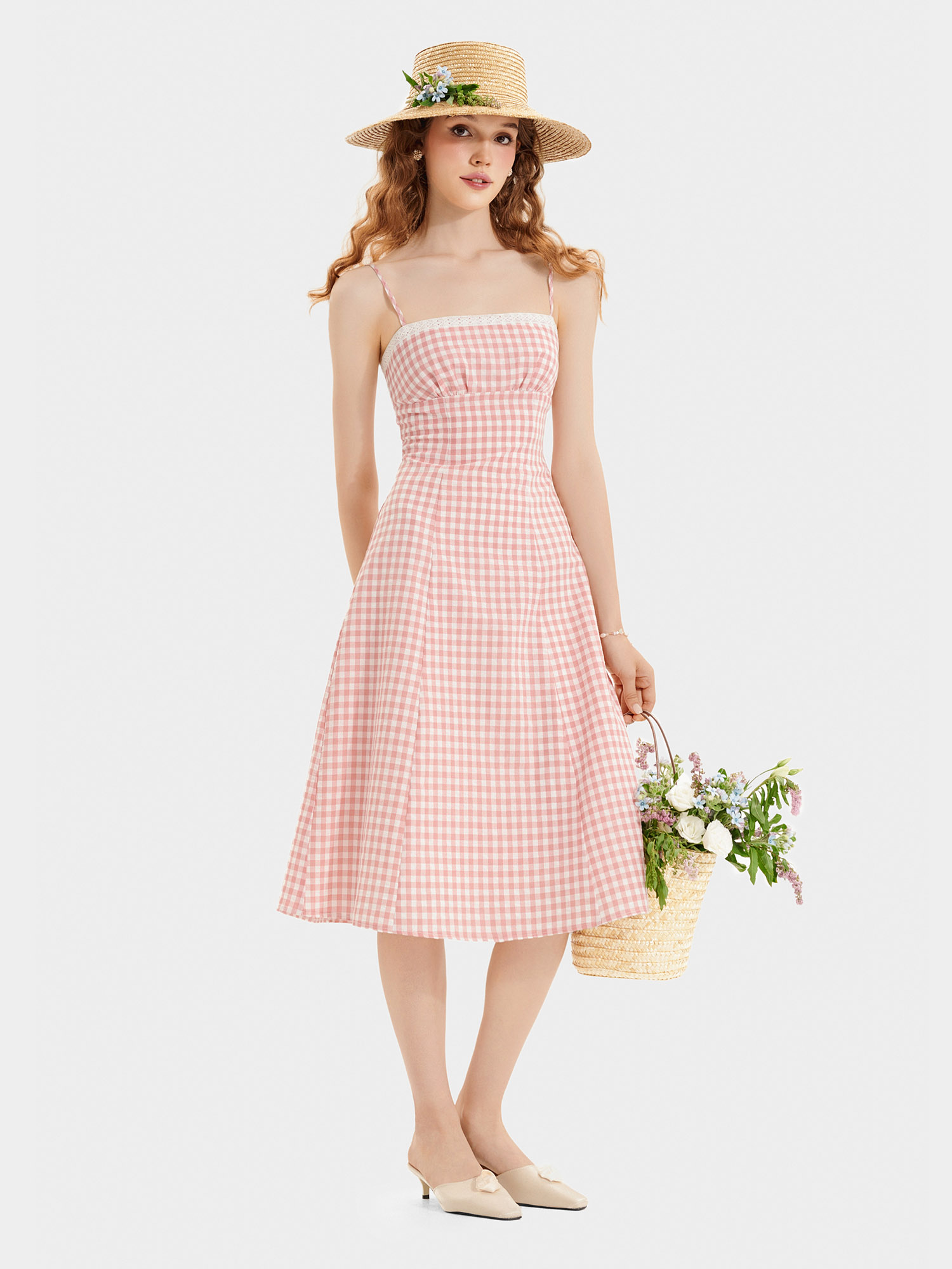 Đầm midi 2 dây caro phối viền ren