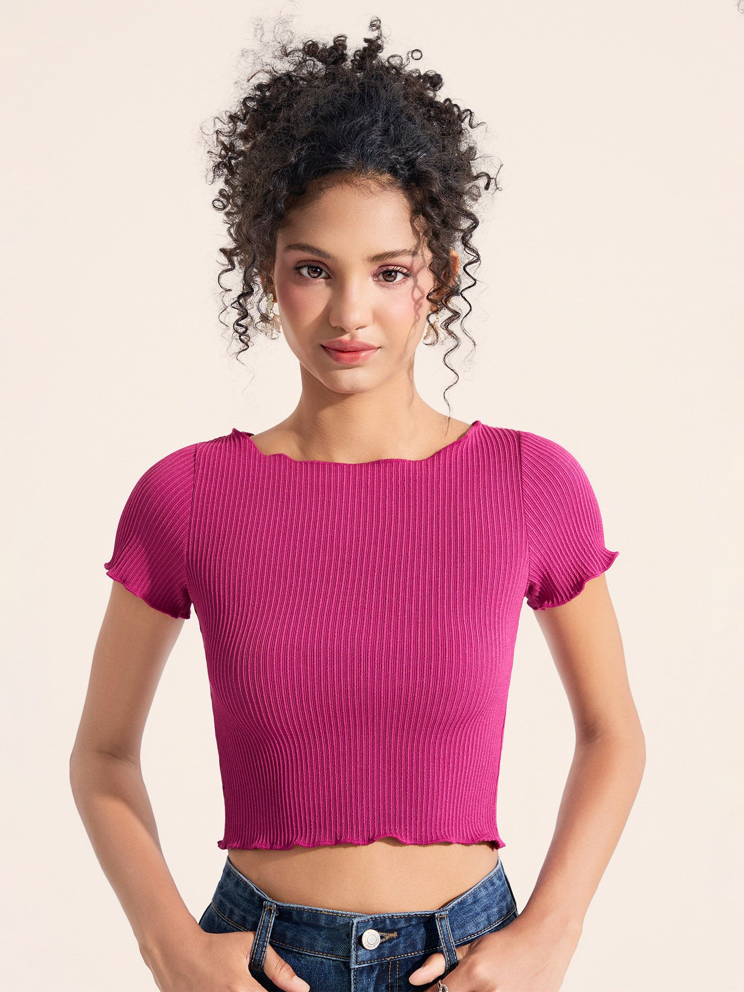  Áo thun gân croptop tay ngắn cuốn biên 