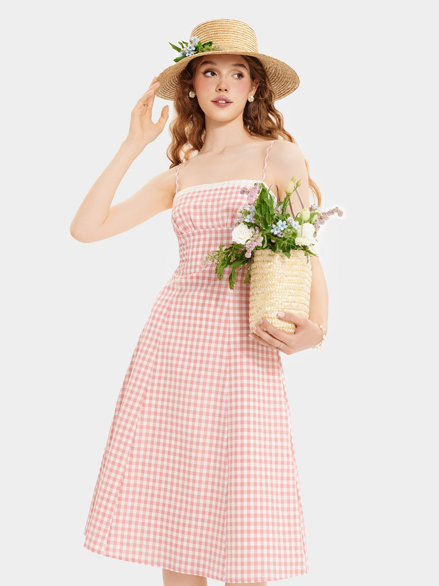 Đầm midi 2 dây caro phối viền ren