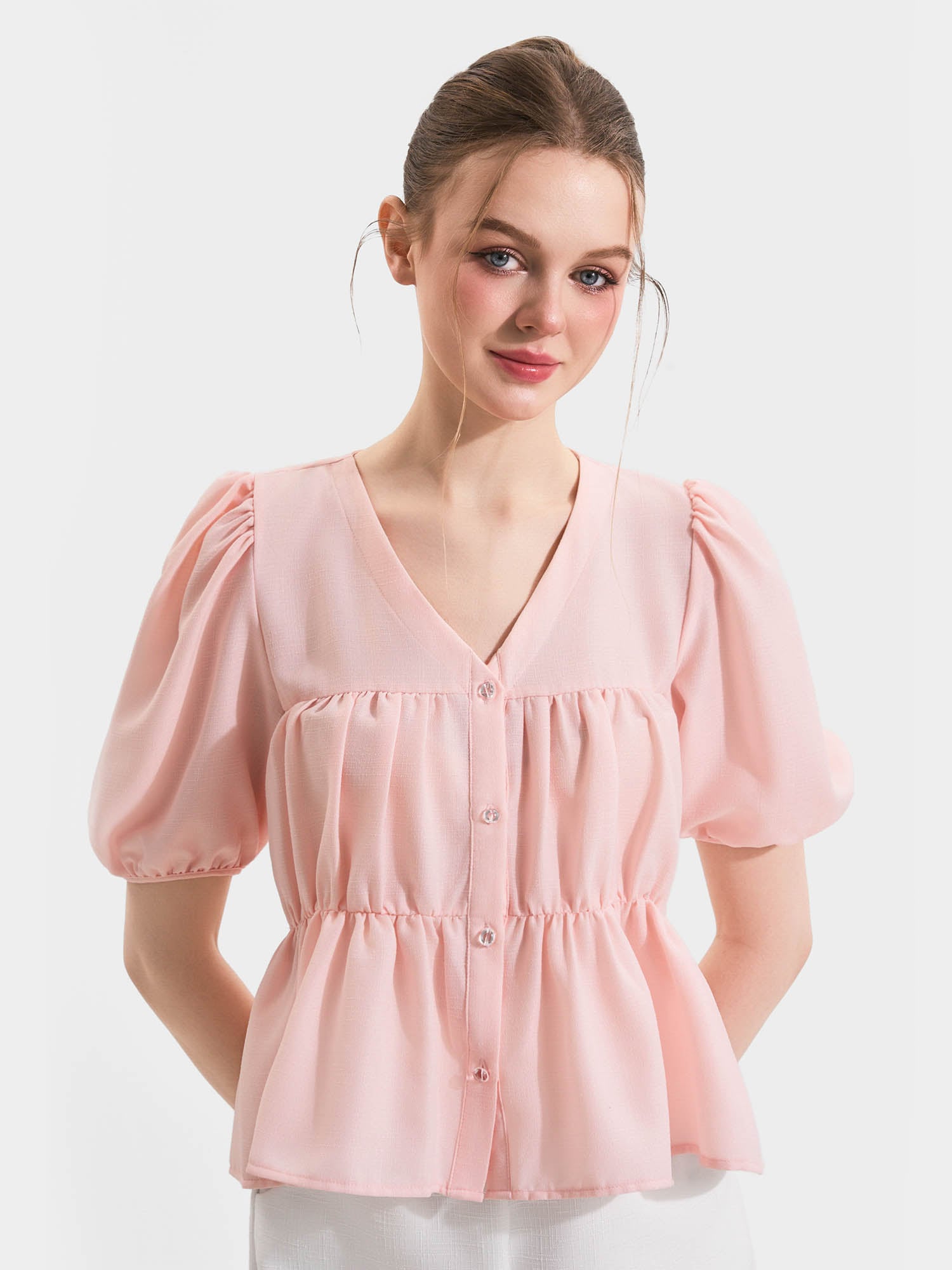 Áo kiểu cổ tim tay phồng nhún ngực và eo