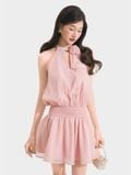  Đầm mini sát nách nhún eo cổ xẻ đính hoa 