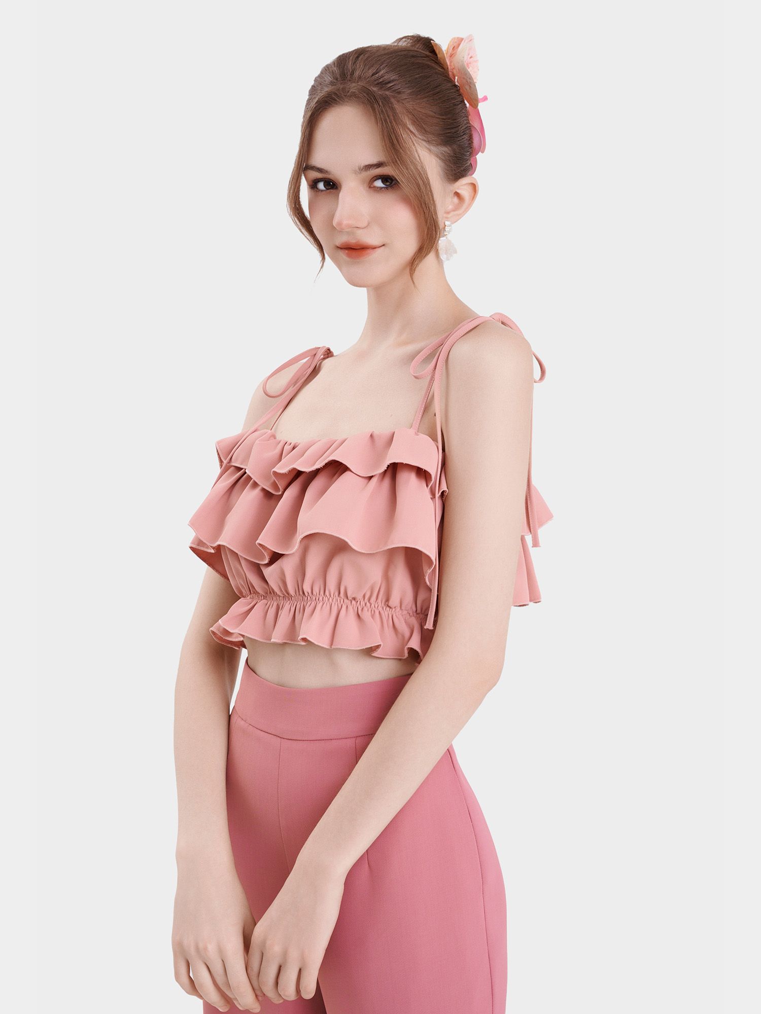  Áo 2 dây croptop phối bèo nhún thun eo 