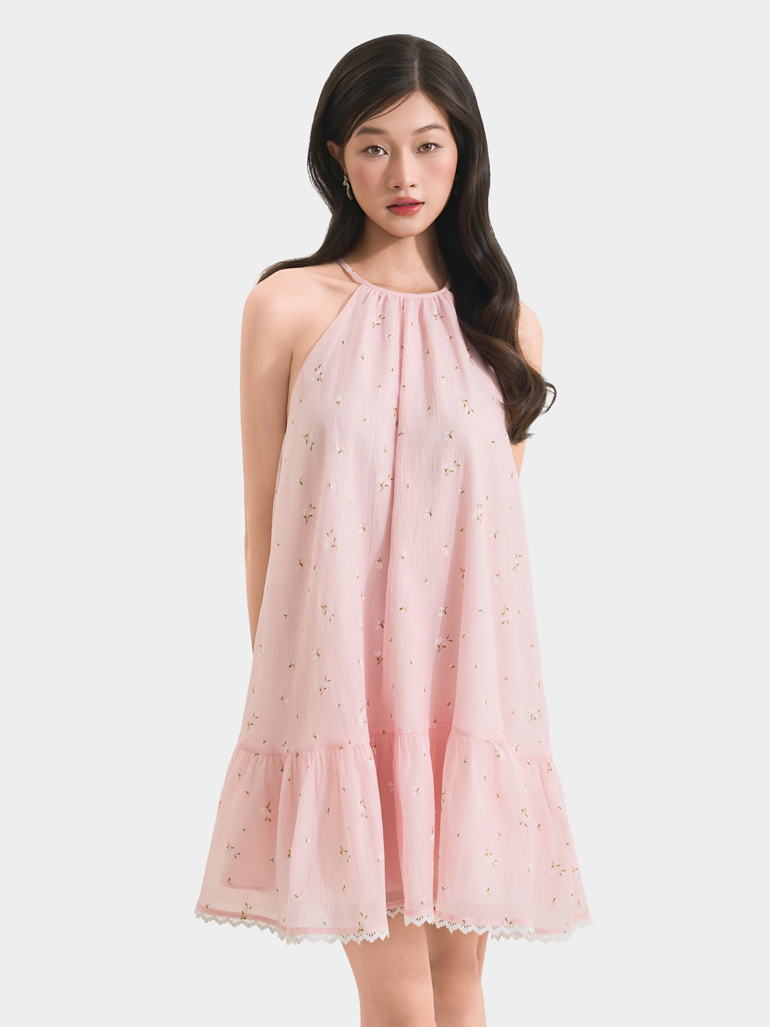 Đầm mini form suông cổ yếm lai phối ren