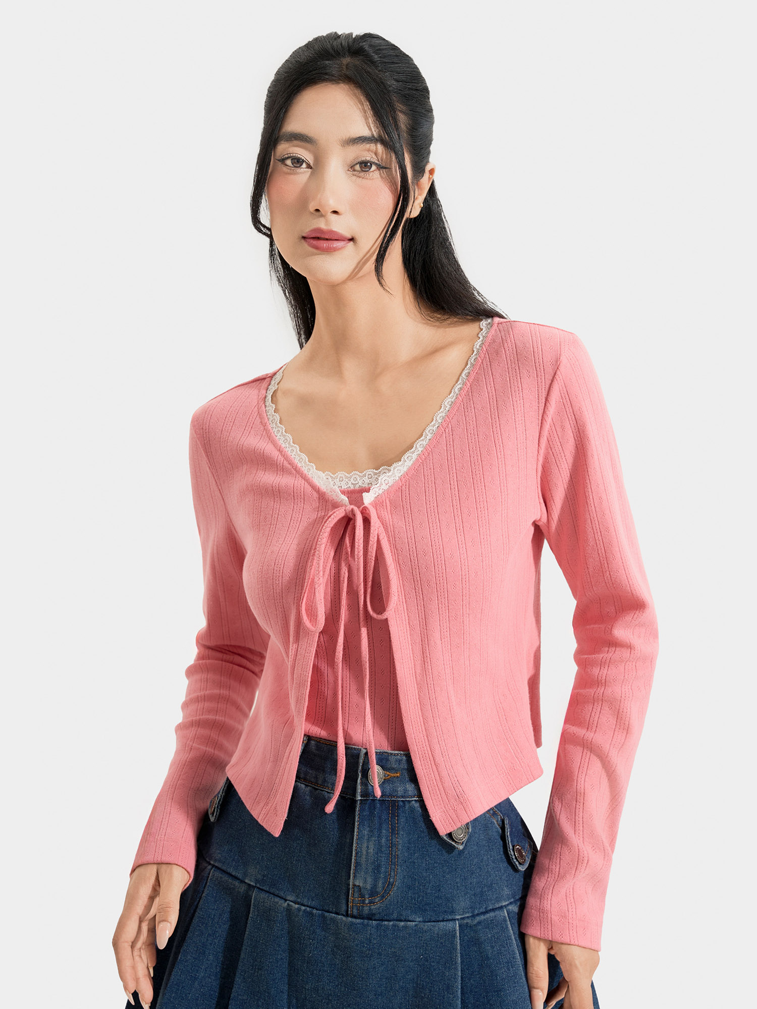 Áo cardigan phối ren thắt nơ