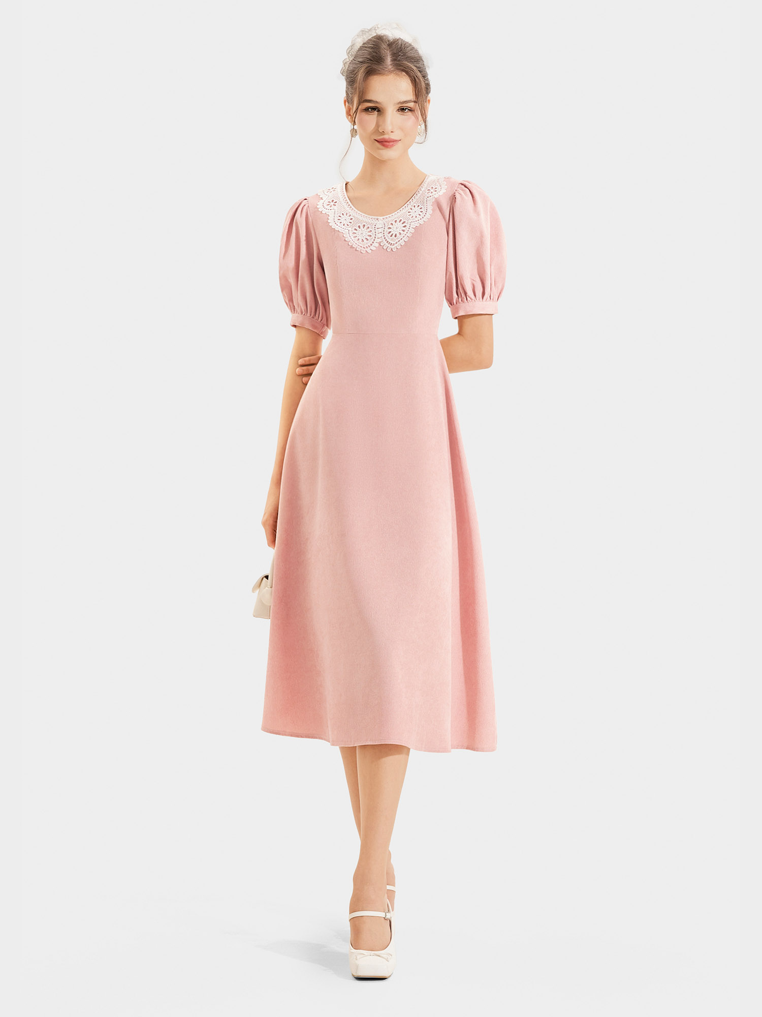 Đầm nhung midi tay phồng cổ tròn phối ren