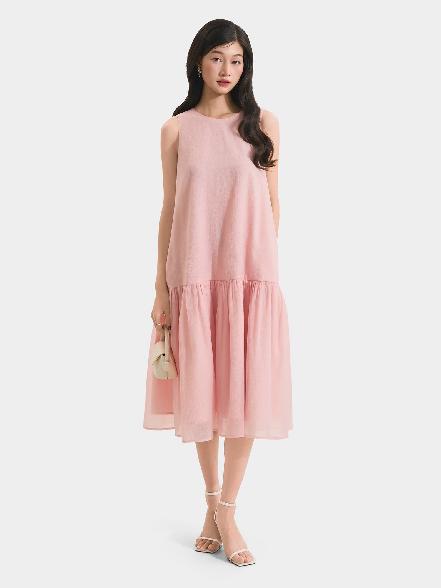 Đầm midi form suông sát nách thắt nơ lưng