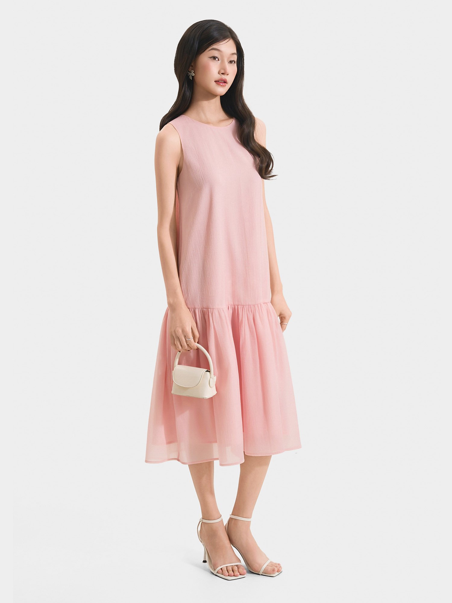 Đầm midi form suông sát nách thắt nơ lưng