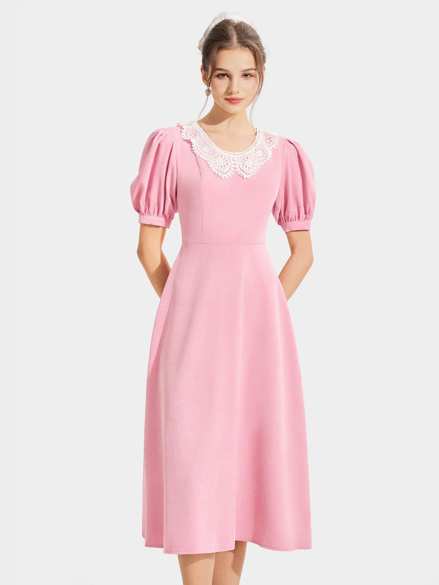  Đầm nhung midi tay phồng cổ tròn phối ren 