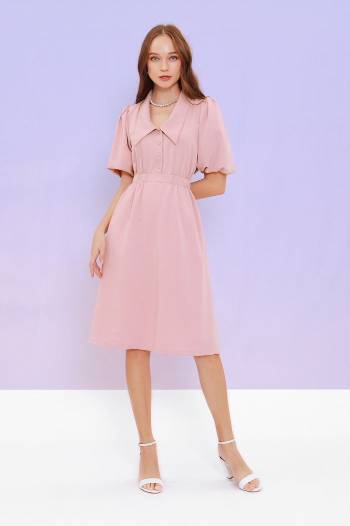 Đầm midi cổ sơmi nhấn tay