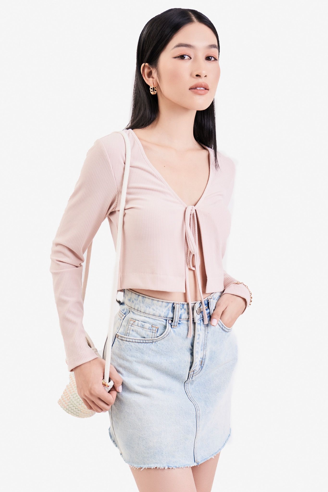  Áo cardigan dài tay thắt nơ cổ 