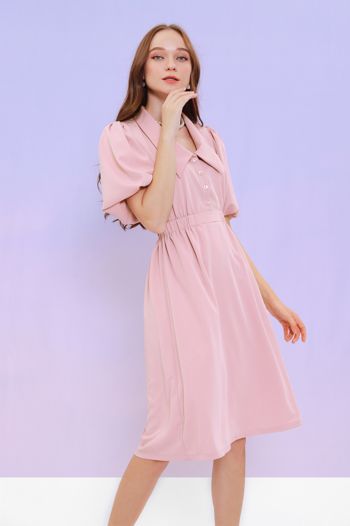 Đầm midi cổ sơmi nhấn tay