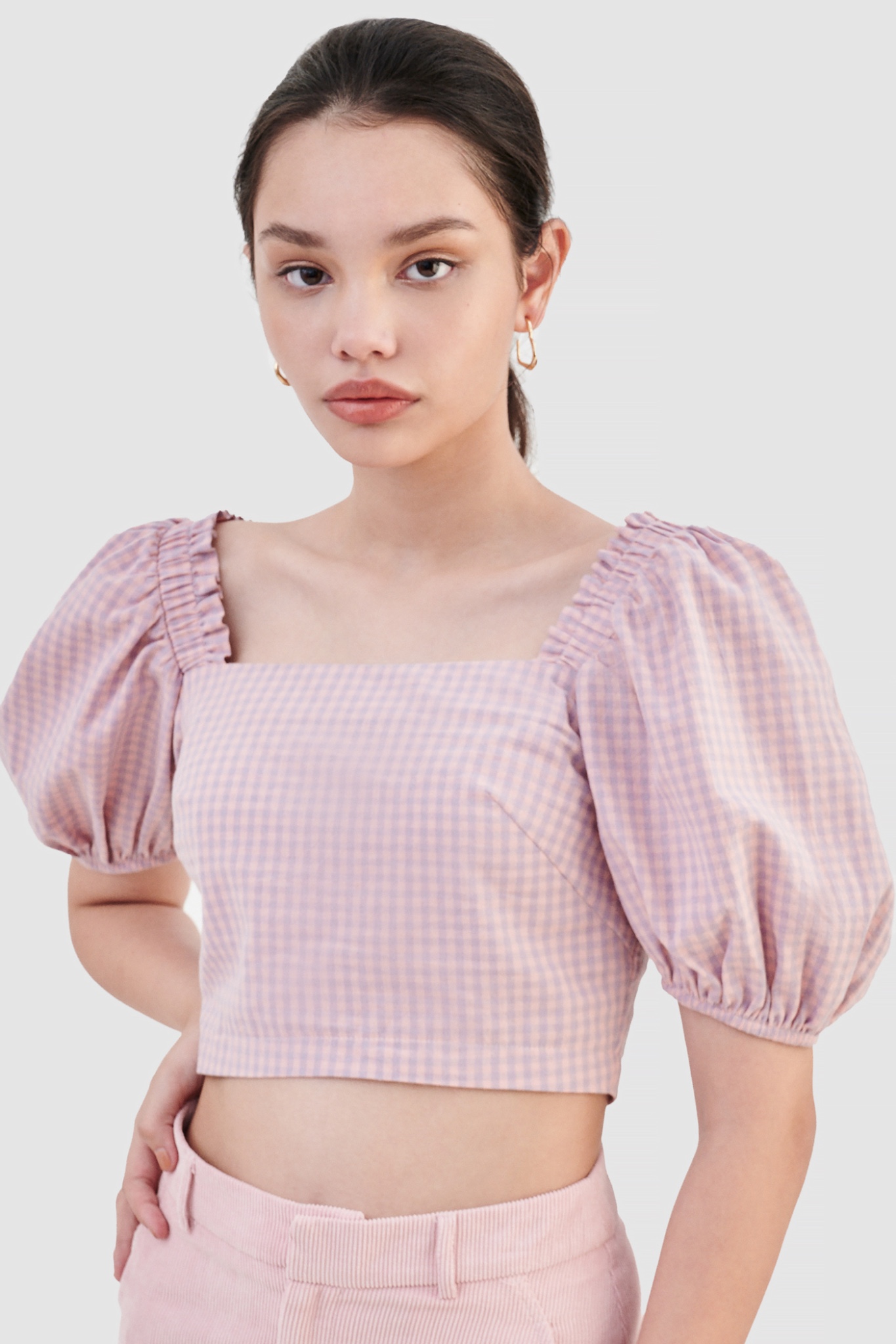 Áo kiểu crop tay phồng hoạ tiết gingham