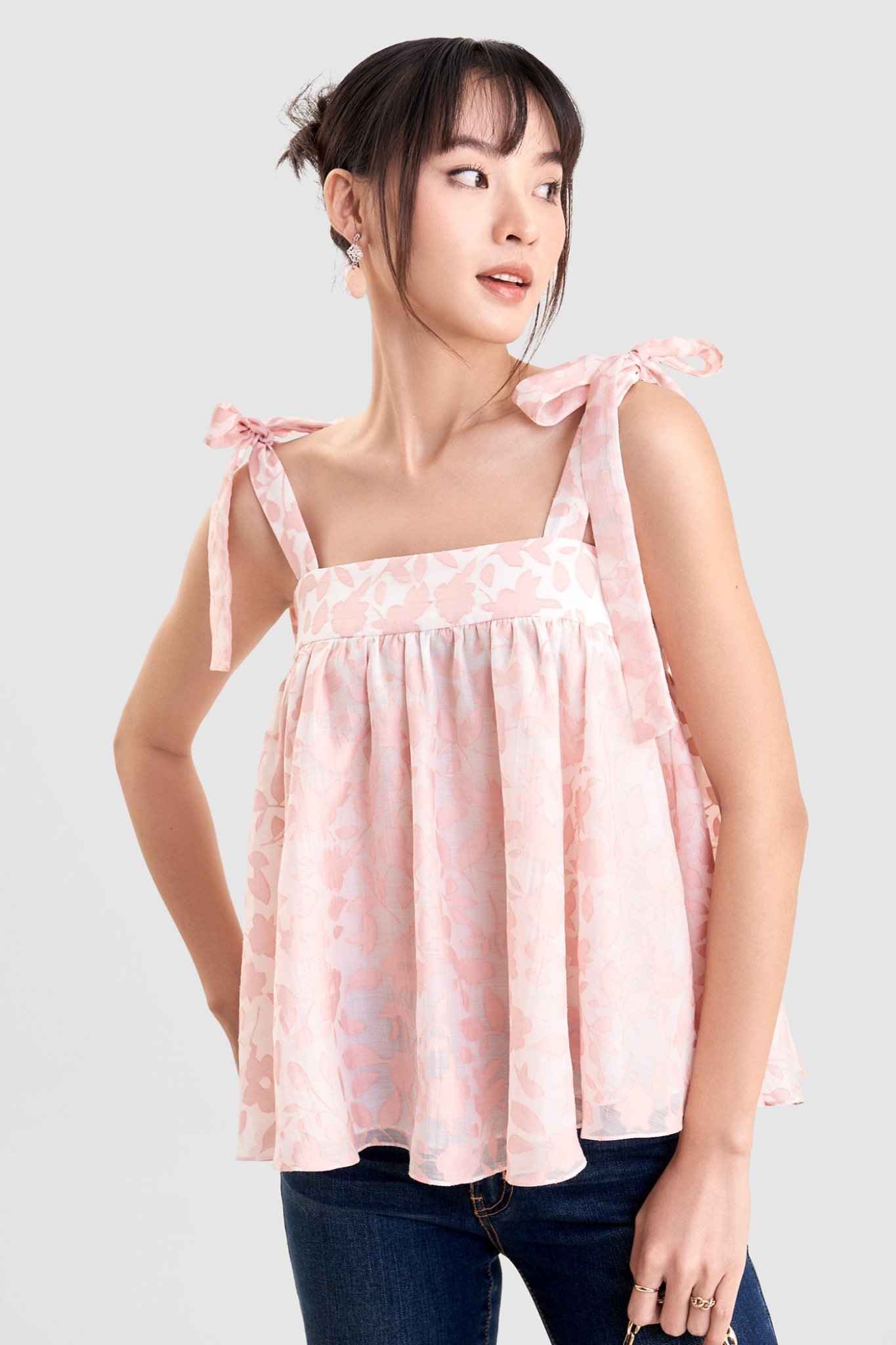 Áo kiểu 2 dây nơ form babydoll sheer hoa