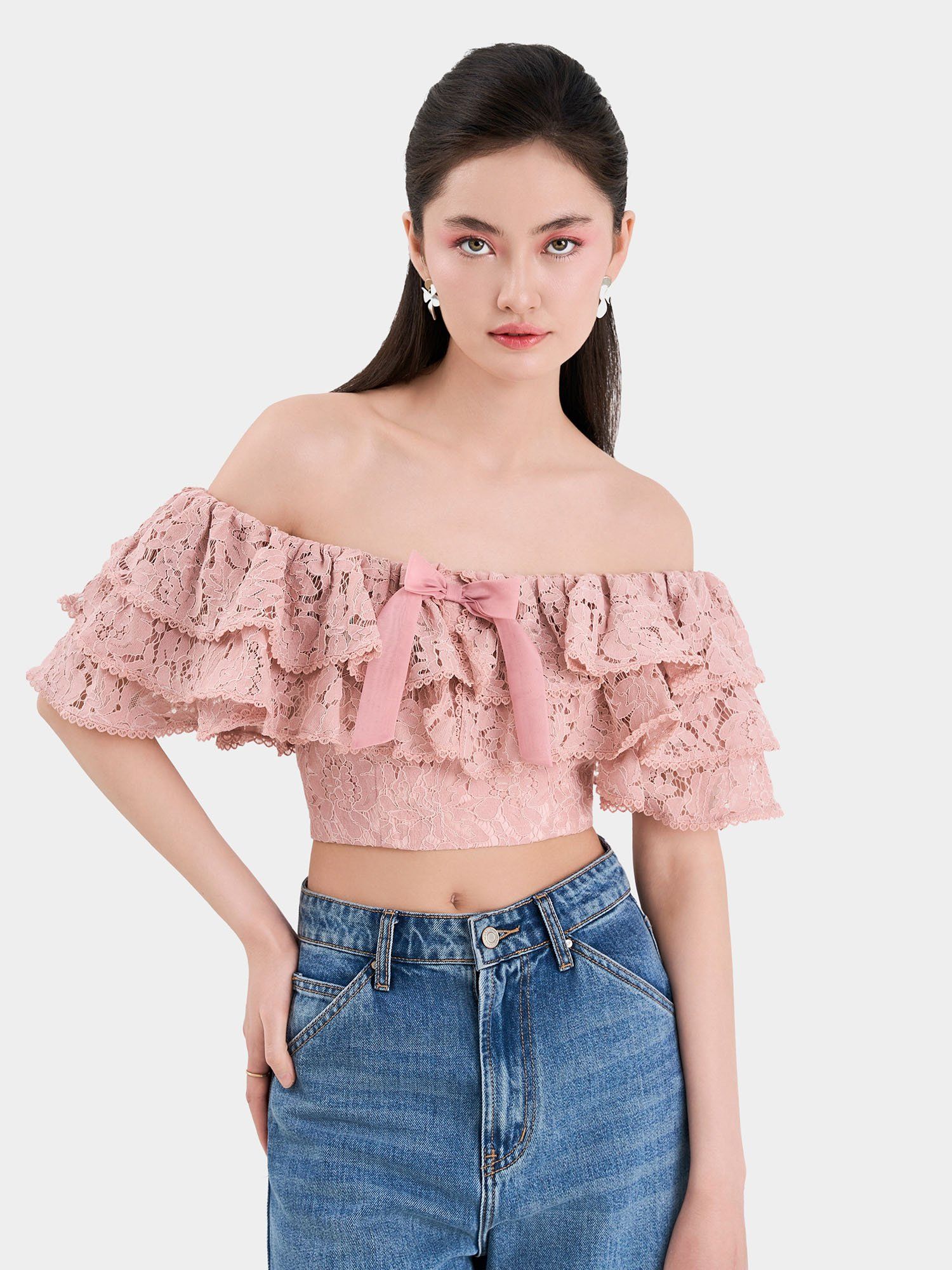  Áo ren croptop phối bèo 3 tầng đính nơ cổ 