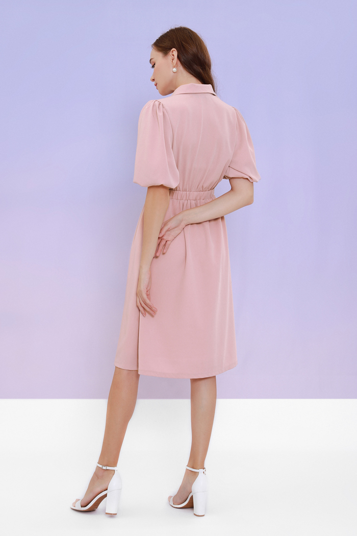 Đầm midi cổ sơmi nhấn tay