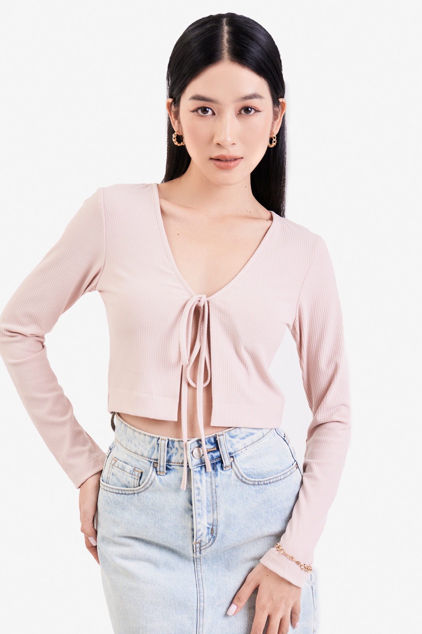 Áo cardigan dài tay thắt nơ cổ