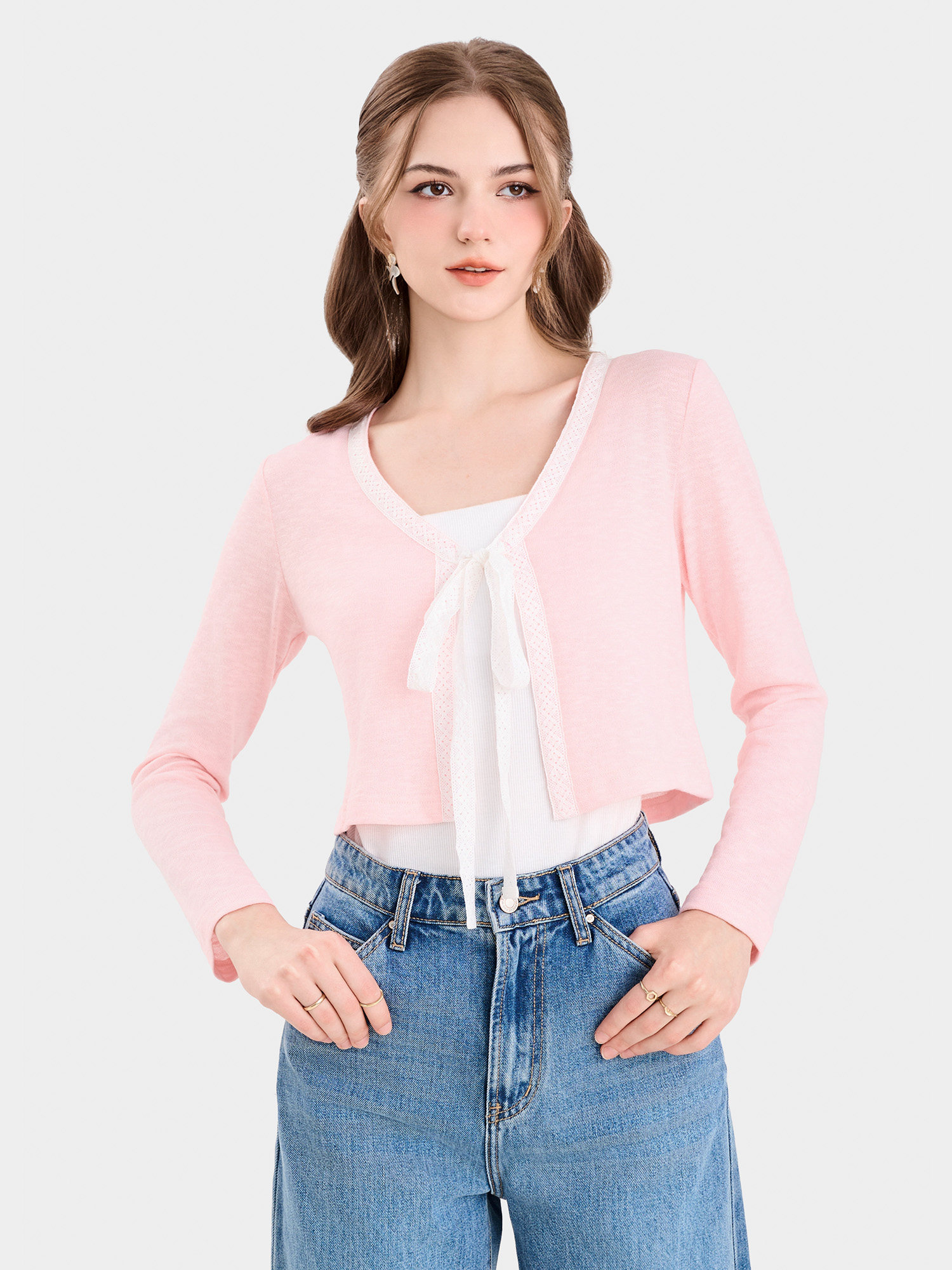 Áo cardigan phối viền thắt nơ