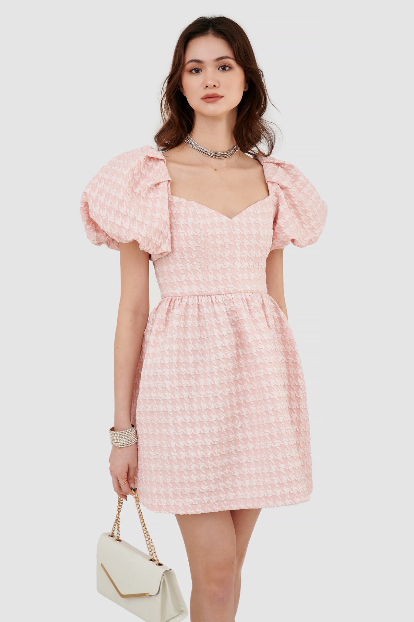 Đầm tay phồng hoạ tiết houndstooth