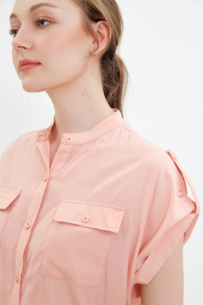 Áo cotton nhẹ cổ trụ 2 túi
