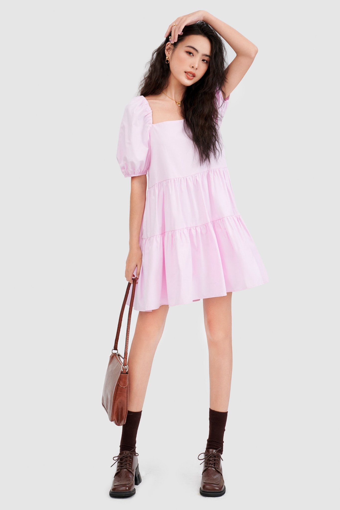 Đầm babydoll cotton cổ vuông 3 tầng