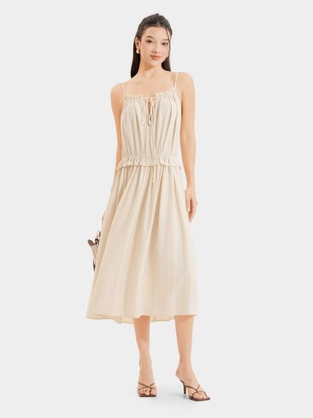  Đầm midi 2 dây vải đũi rút ngực thắt nơ 