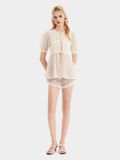 Áo sheer form babydoll tay phồng đính nơ 