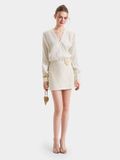  Đầm mini tay dài nhún vai phối ren đính hoa 