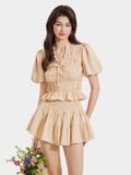  Áo linen tay phồng smocking cổ tim phối bèo đính nơ 
