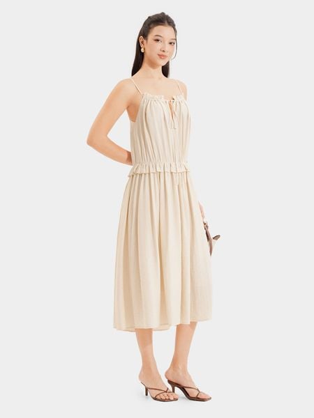  Đầm midi 2 dây vải đũi rút ngực thắt nơ 