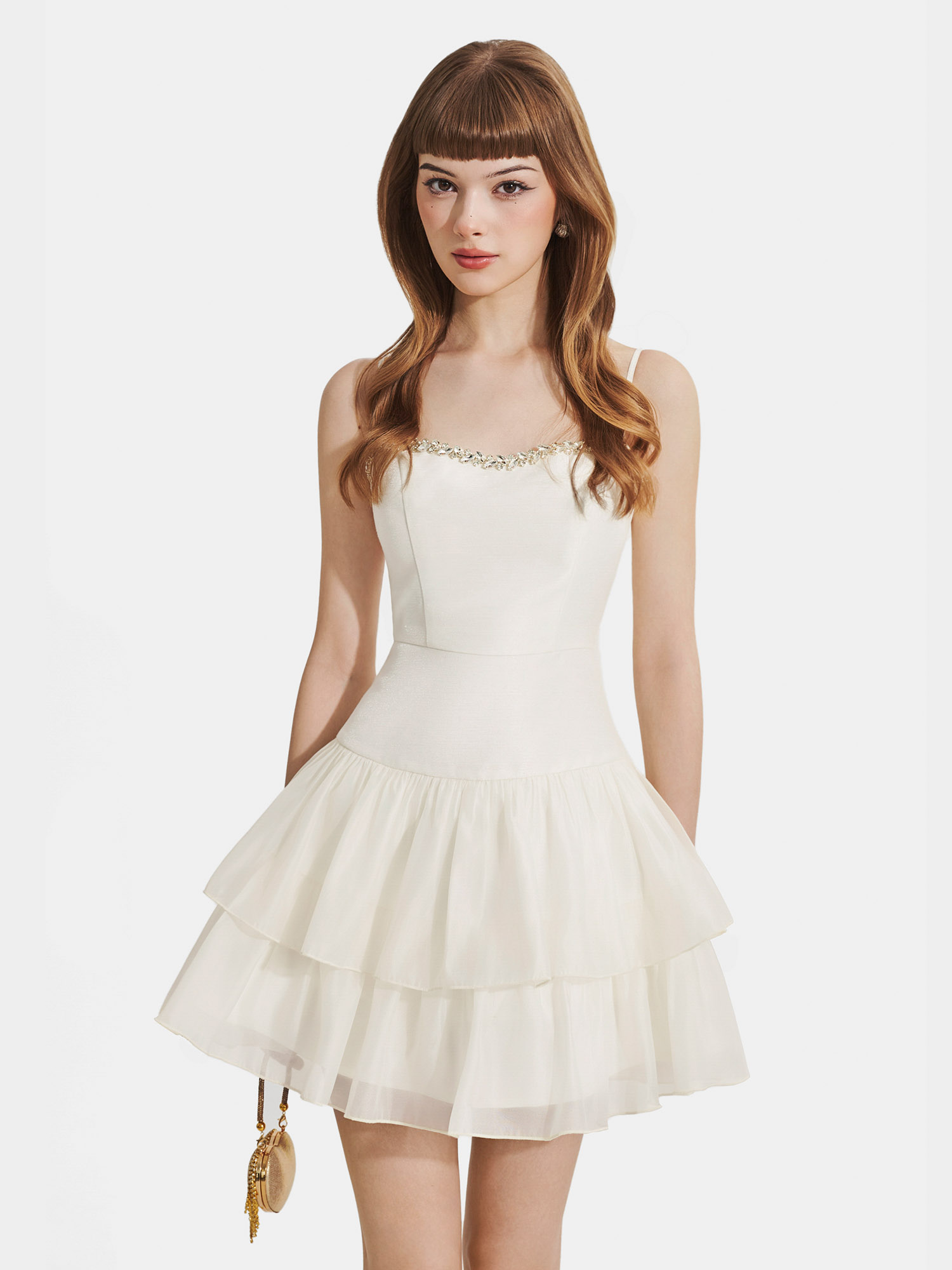 Đầm mini 2 dây tafta phối sheer ngực đính đá