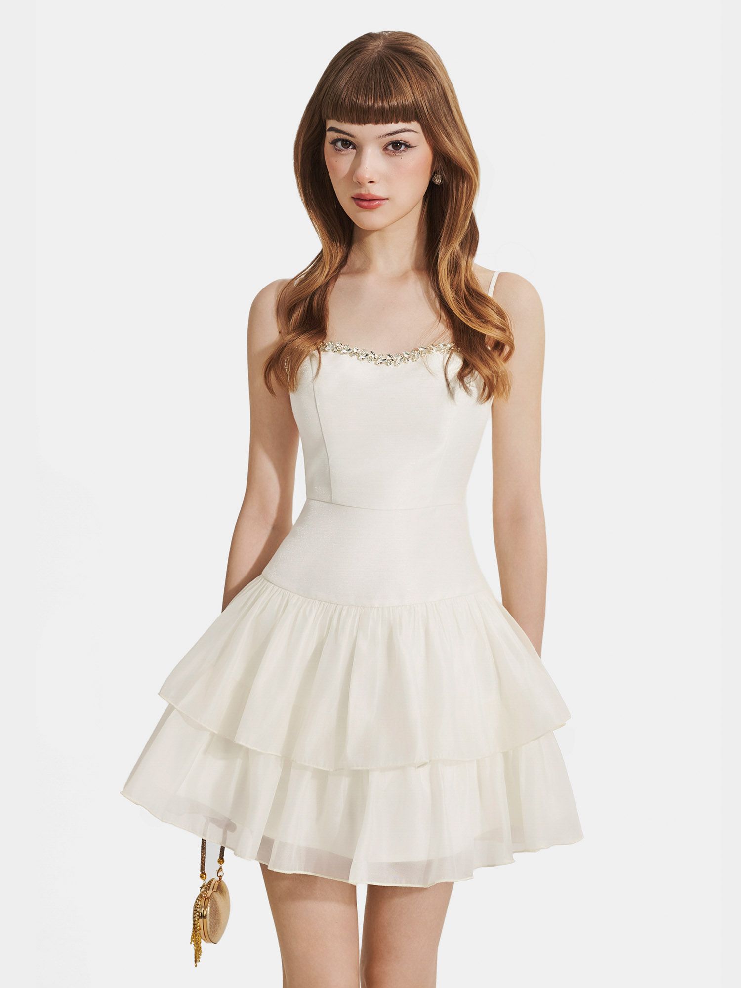  Đầm mini 2 dây tafta phối sheer ngực đính đá 