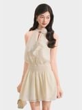  Đầm mini sát nách nhún eo cổ xẻ đính hoa 