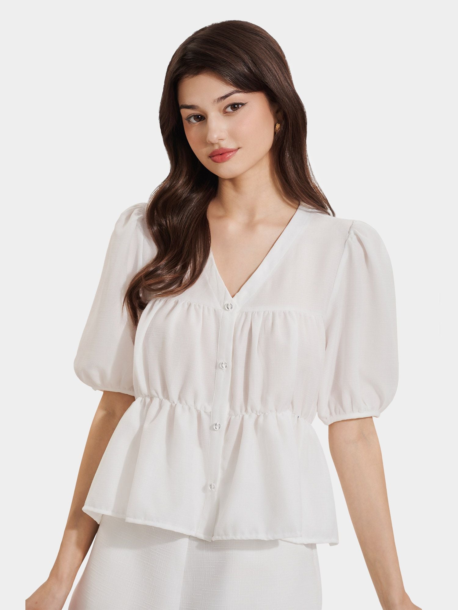  Áo kiểu cổ tim tay phồng nhún ngực và eo 