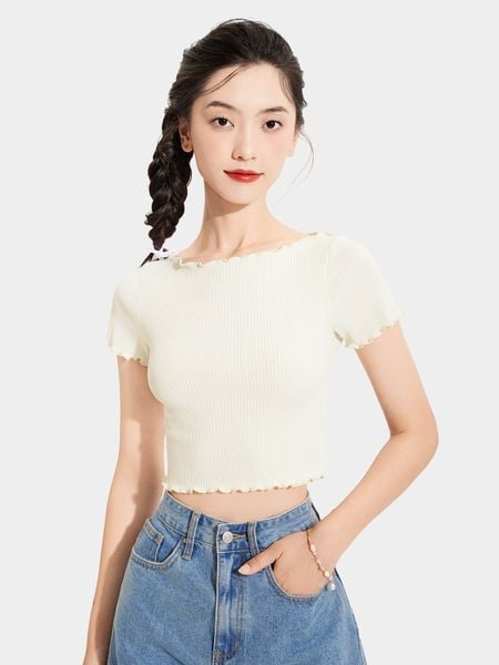 Áo thun gân croptop tay ngắn cuốn biên 