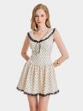  Đầm mini chấm bi sát nách cổ V đính nơ phối ren 