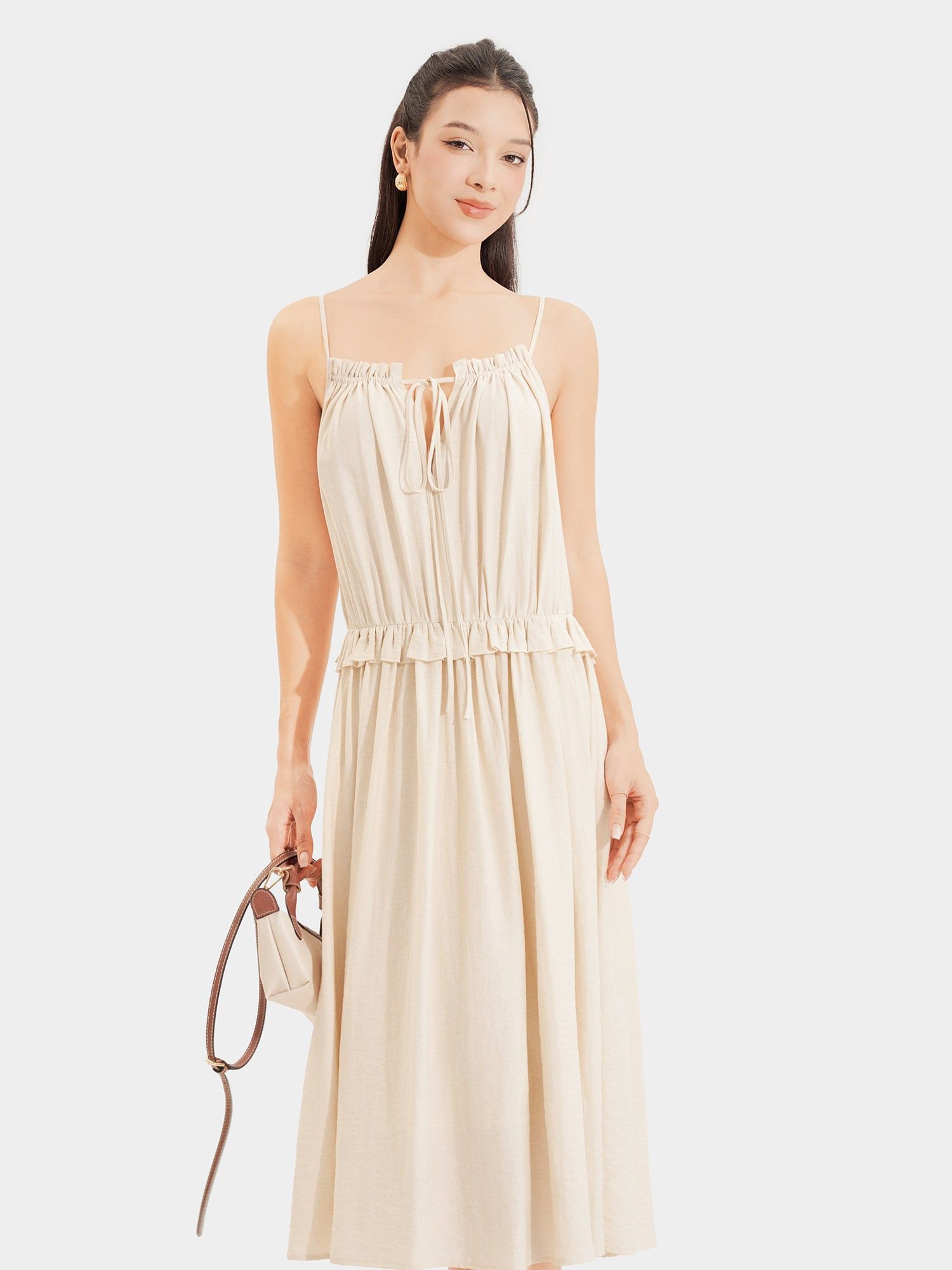 Đầm midi 2 dây vải đũi rút ngực thắt nơ 