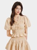  Áo linen tay phồng smocking cổ tim phối bèo đính nơ 