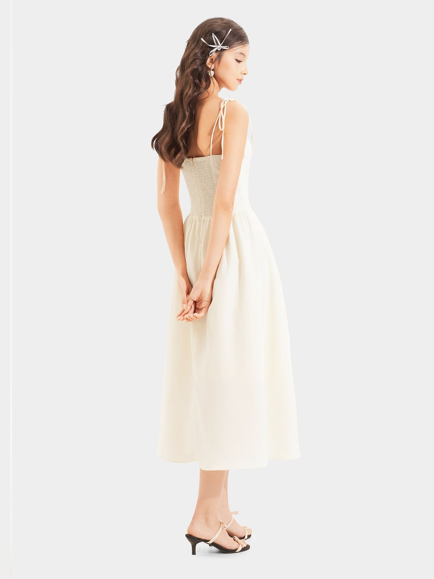  Đầm midi 2 dây smocking lưng 