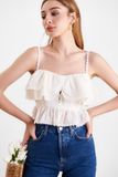  Áo 2 dây crop top bèo nhún viền ren hoa 