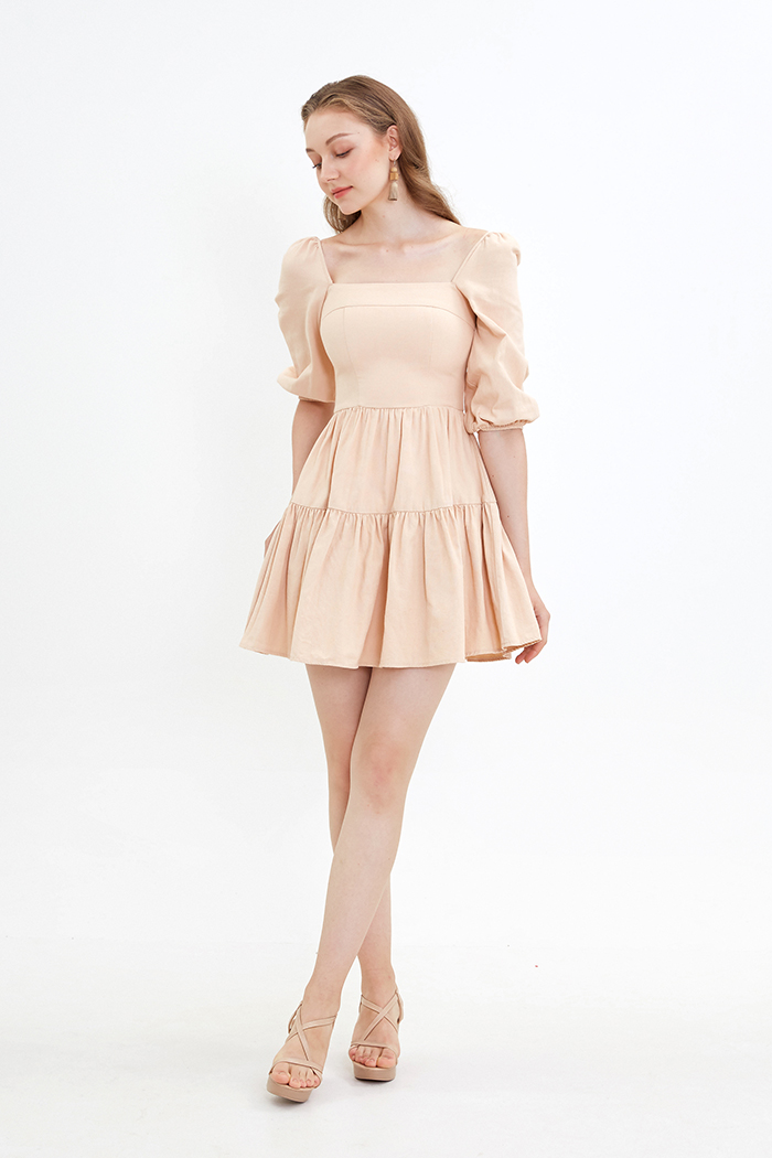 Đầm linen cổ vuông tay lở