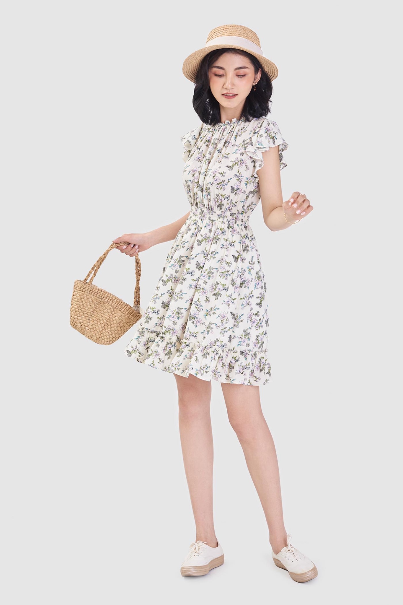 Đầm tay bèo con nhấn smocking eo
