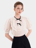  Áo kiểu croptop tay phồng phối viền cổ đính nơ 