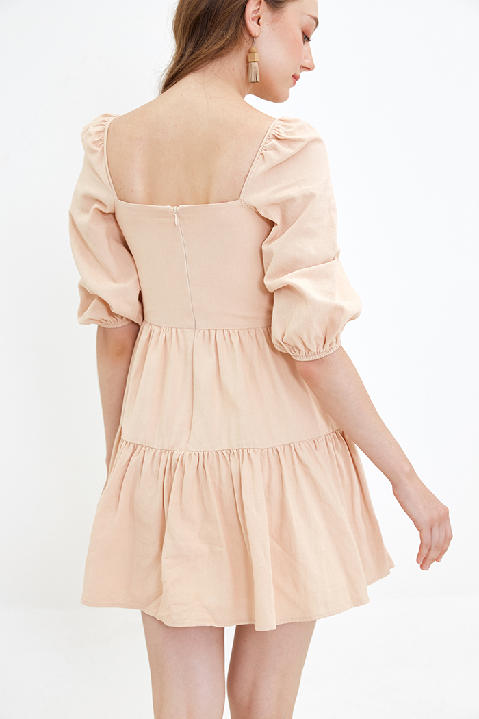 Đầm linen cổ vuông tay lở