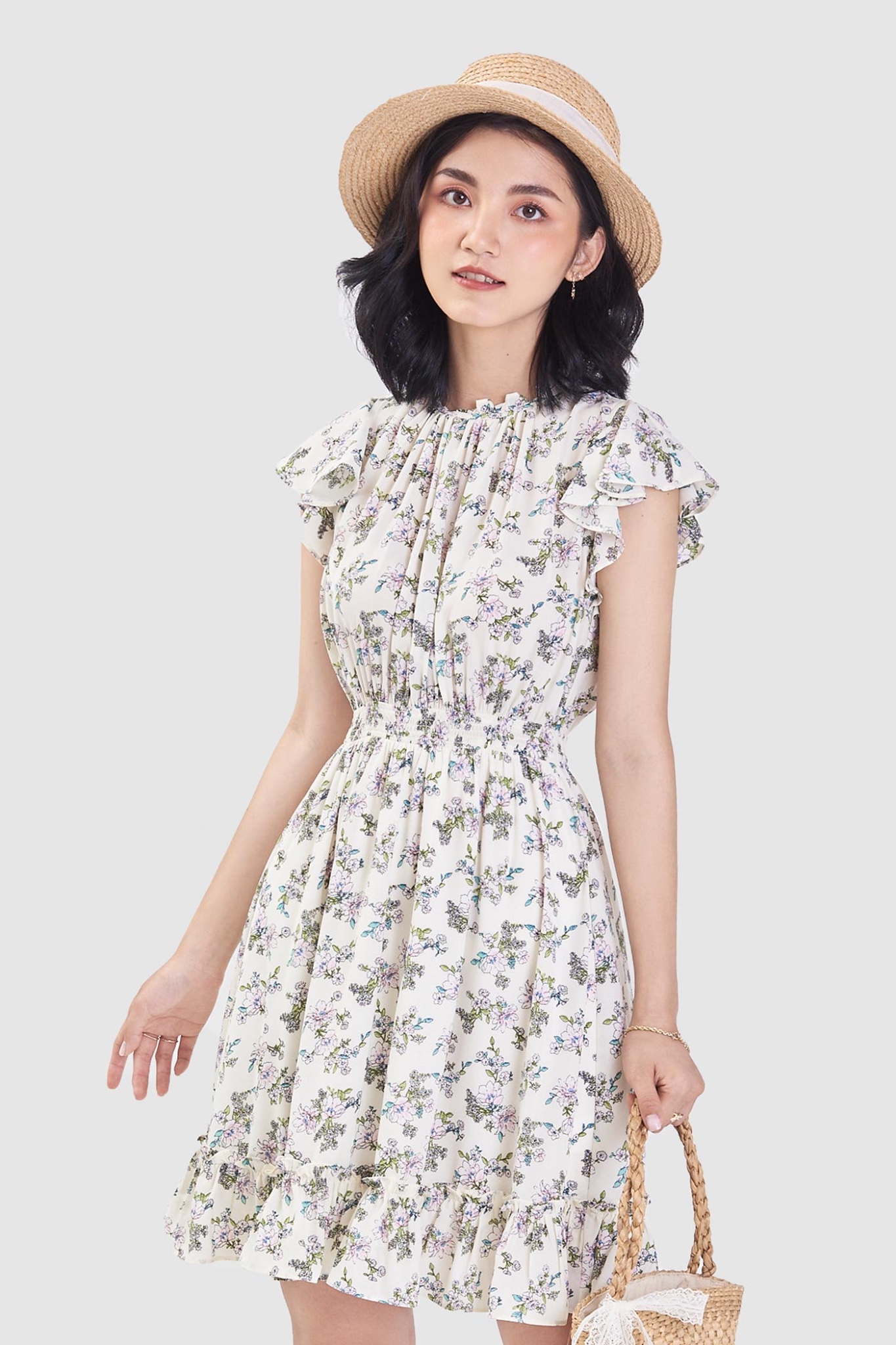 Đầm tay bèo con nhấn smocking eo