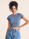  Áo thun gân croptop tay ngắn cuốn biên 