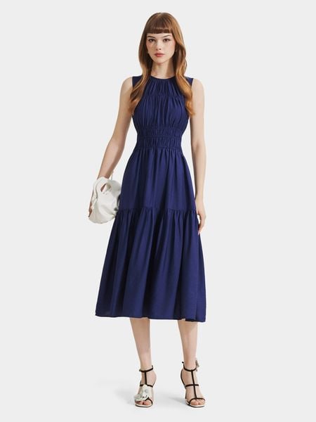  Đầm midi sát nách rút nhún ngực thun eo 