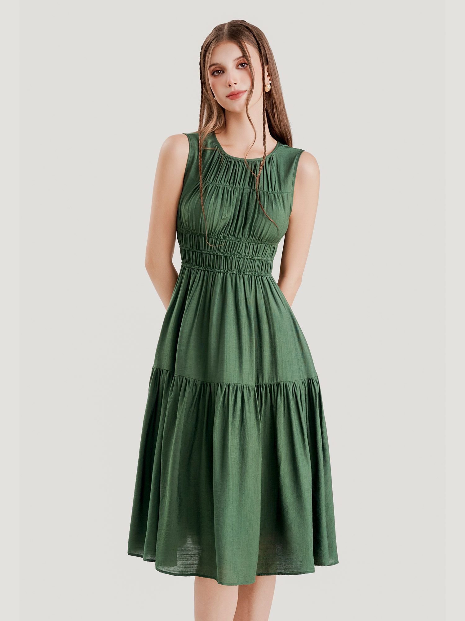  Đầm midi sát nách rút nhún ngực thun eo 