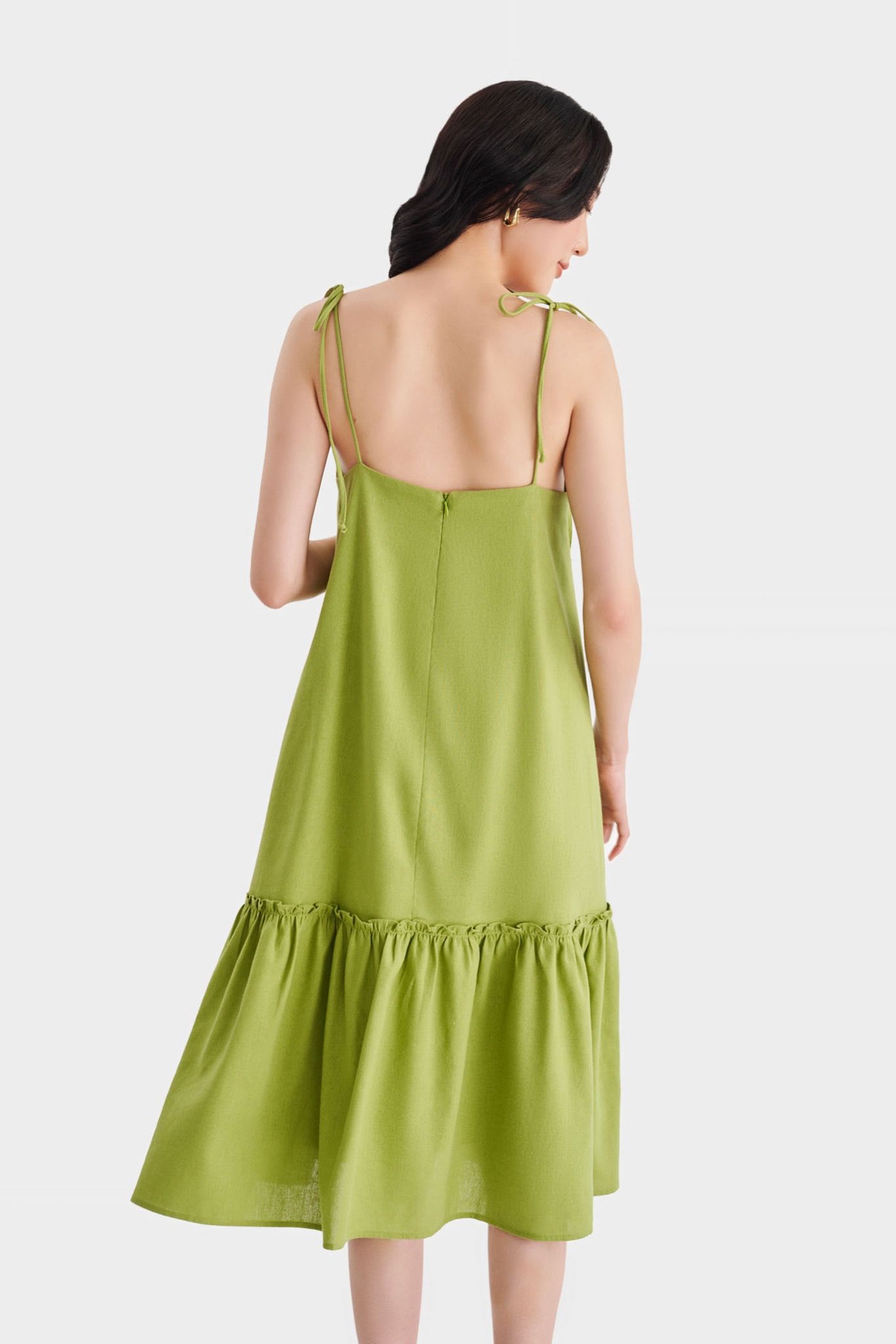  Đầm linen midi 2 dây xẻ V 
